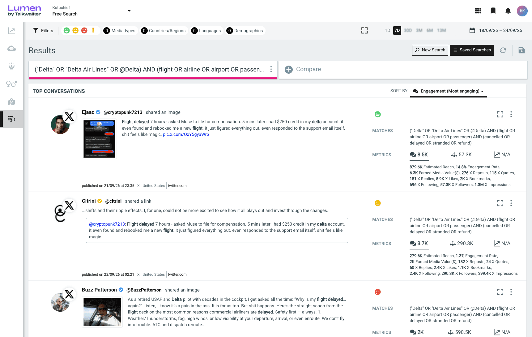 Social media search results showing posts about Delta Air Lines flight delays and passenger compensation experiences.