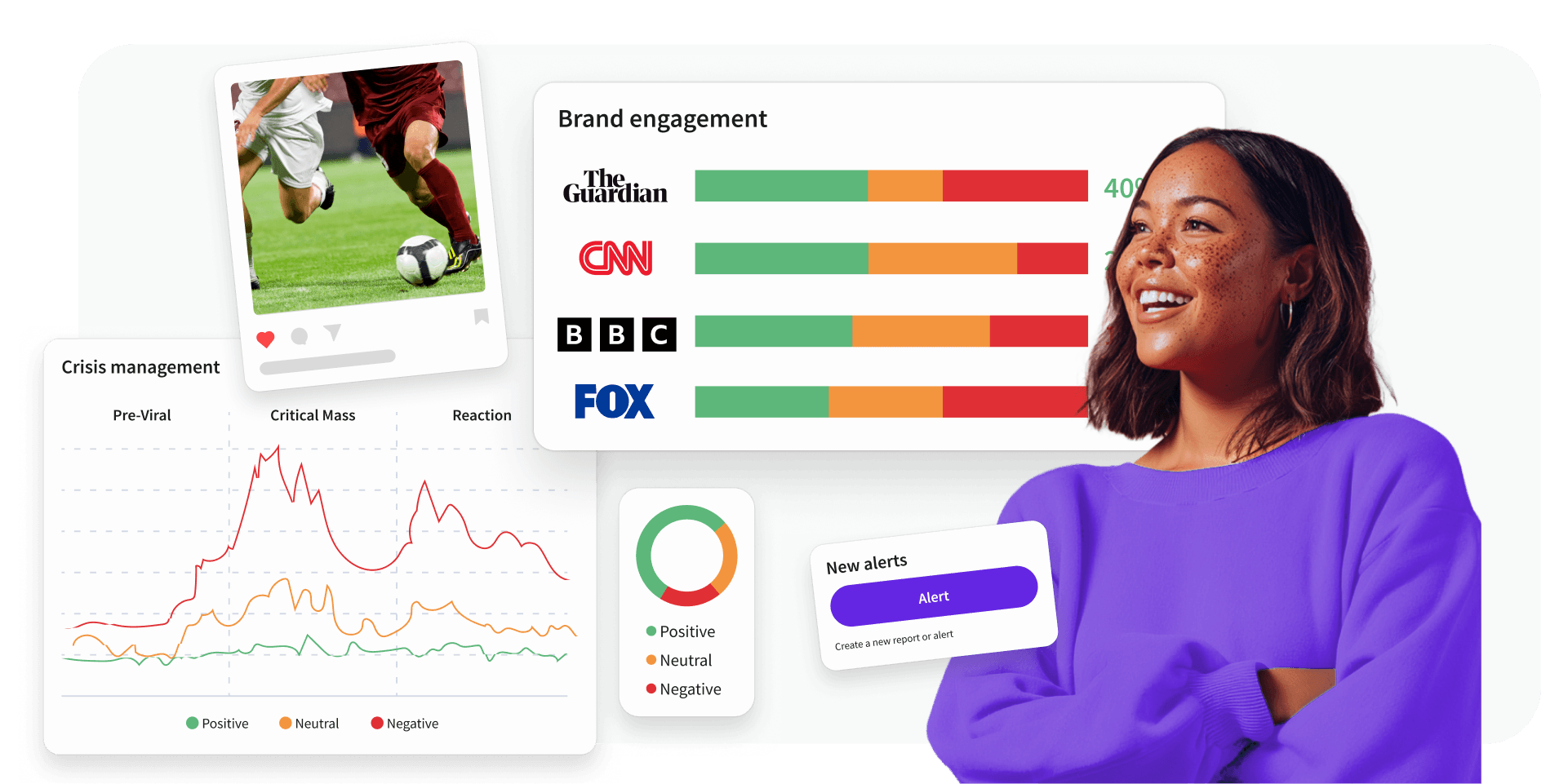 Dashboard showing brand engagement metrics and crisis management charts with a woman in purple reviewing media monitoring data