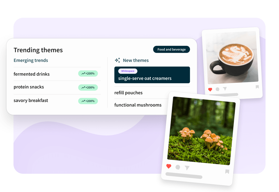 Dashboard showing trending food themes with emerging trends list and new themes section, featuring latte art and mushrooms.