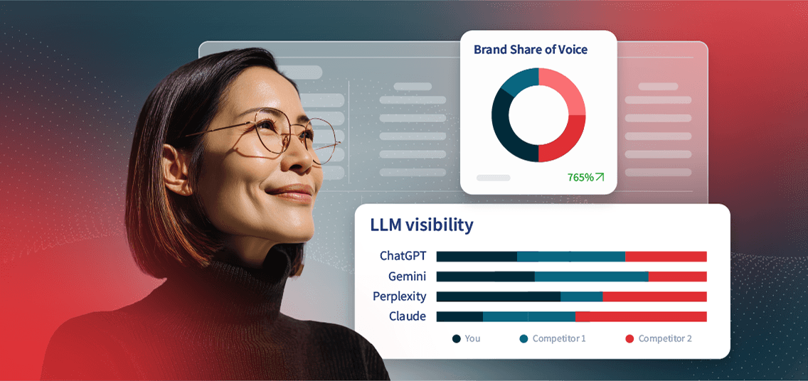 Woman in glasses viewing analytics dashboard with Brand Share of Voice donut chart and LLM visibility bar graphs.
