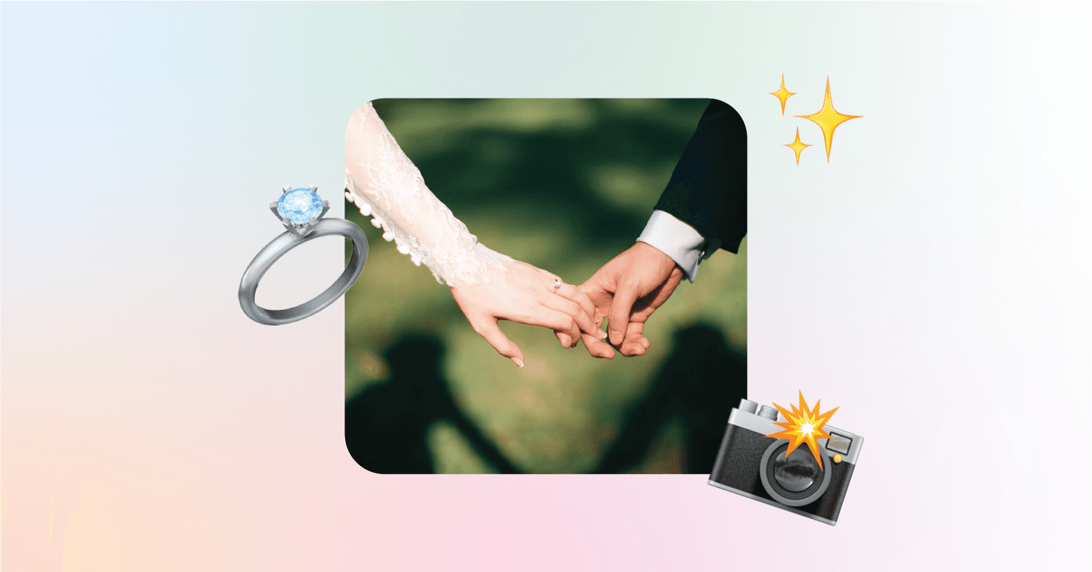 Cover image featuring a bride and groom holding hands, a diamond ring emoji, a camera emoji, and sparkles emojis.
