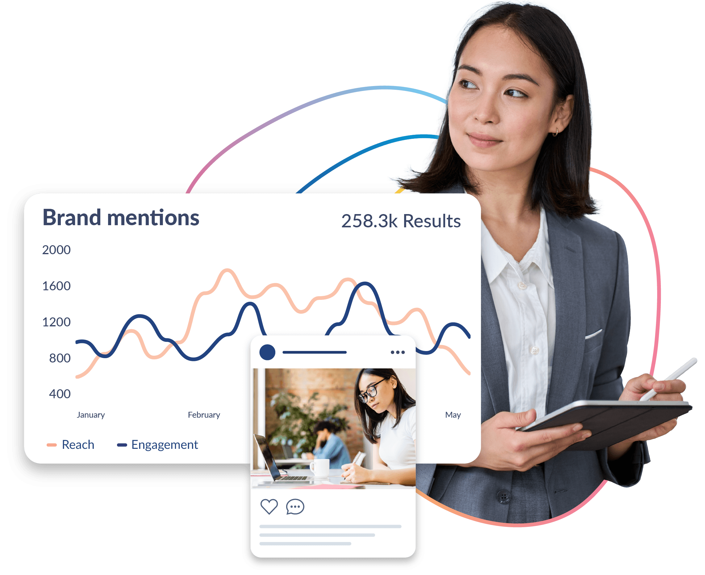Professional woman holding tablet with brand mentions analytics dashboard showing reach and engagement metrics graph.