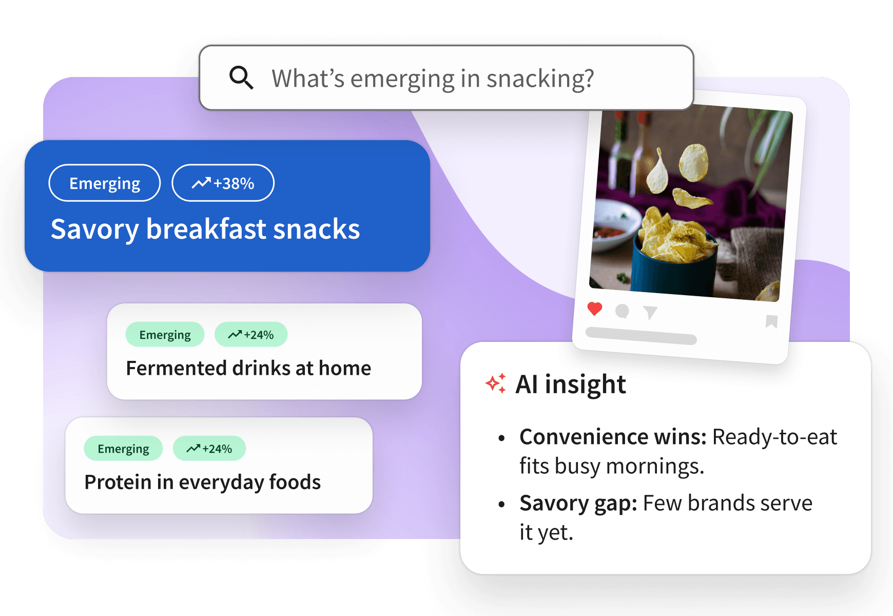 Dashboard showing emerging snacking trends with search bar, trend cards, chip photo, and AI insights on purple background.
