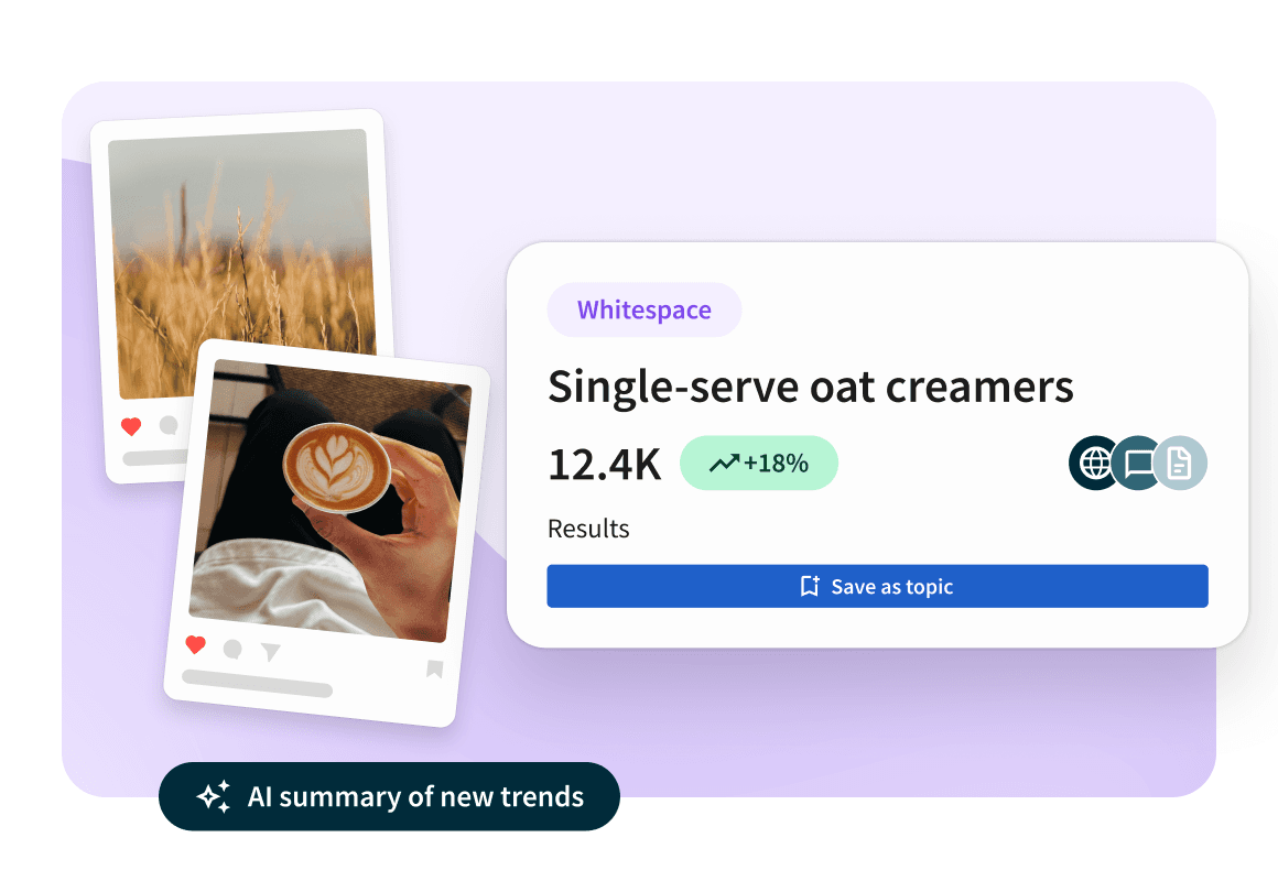 Dashboard showing single-serve oat creamers trend with 12.4K results and 18% growth, alongside images of wheat field and latte.