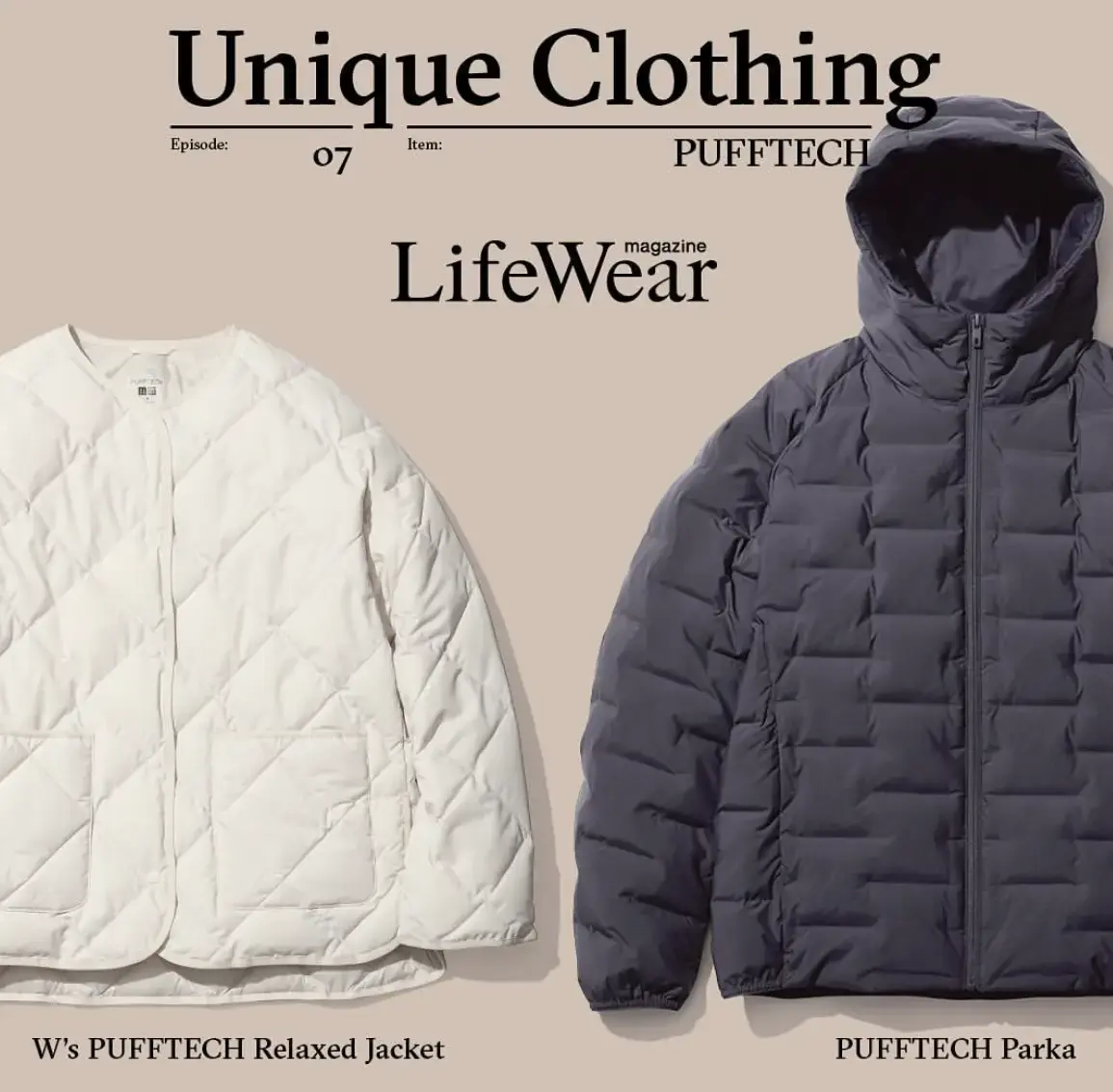A white PUFFTECH Relaxed Jacket and a black PUFFTECH Parka on display.