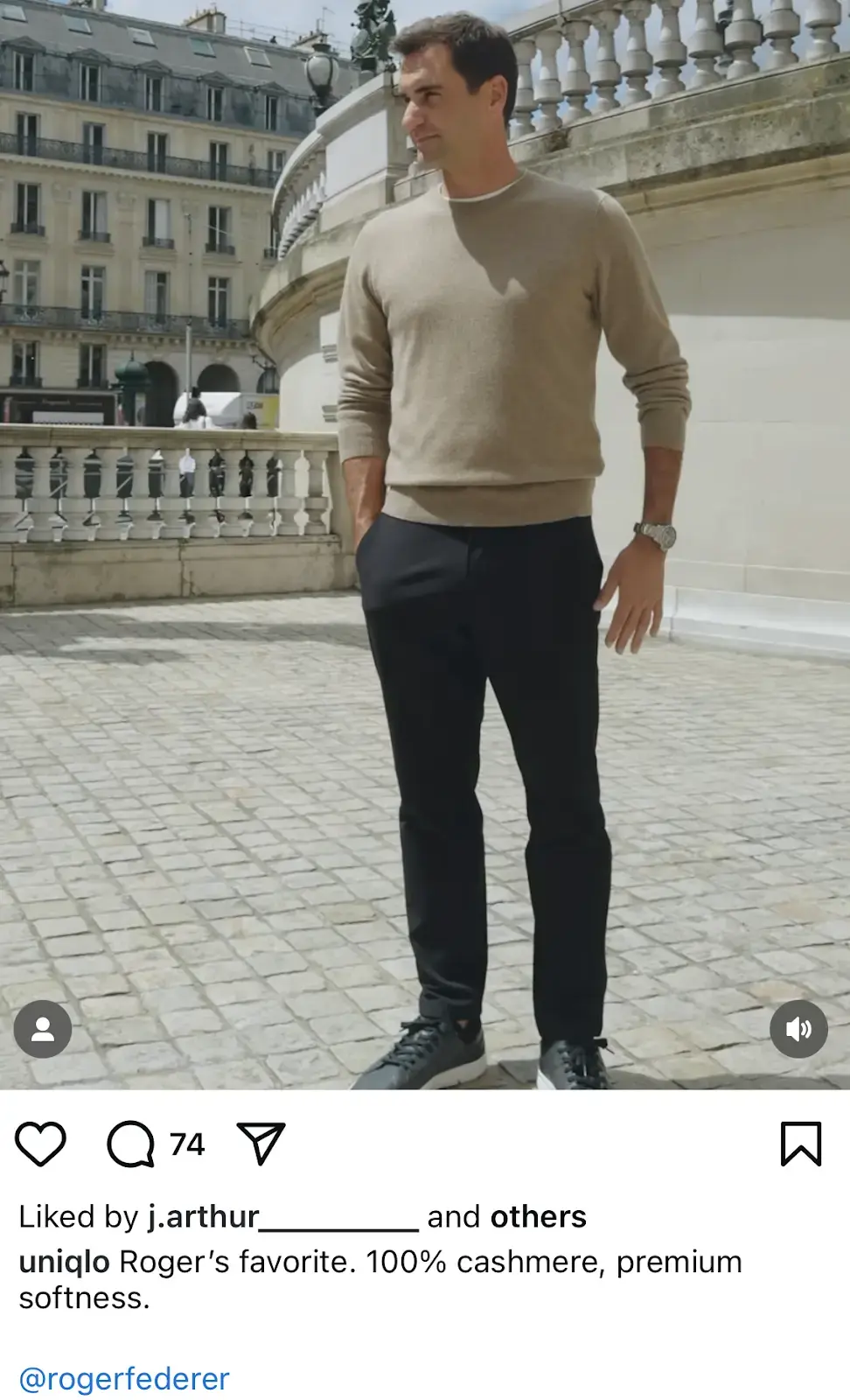Instagram post of Roger Federer wearing UNIQLO and standing in a plaza on a sunny day.