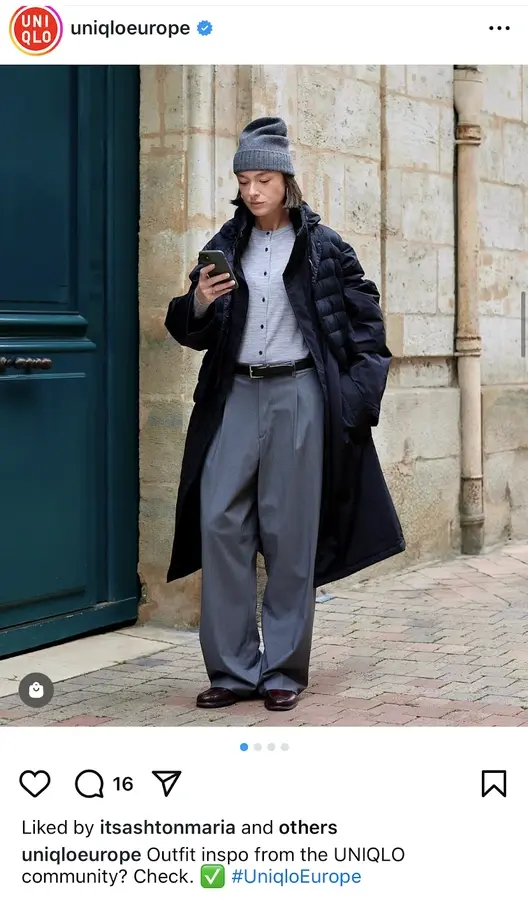 Instagram post from UNIQLOEurope. Text: "Outfit inspo from the UNIQLO community? Check. #UnigloEurope"