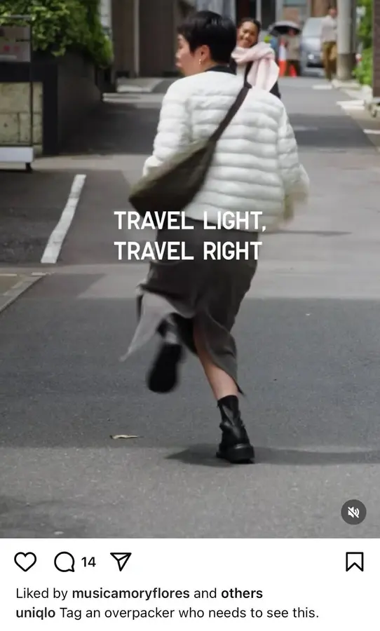 Instagram post. Text "Travel light, travel right. Tag an overpacker who needs to see this."