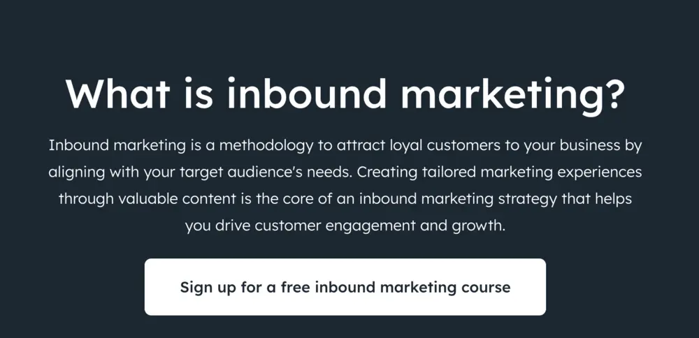 Text graphic defining inbound marketing and offering a free inbound marketing course sign-up button at the bottom.