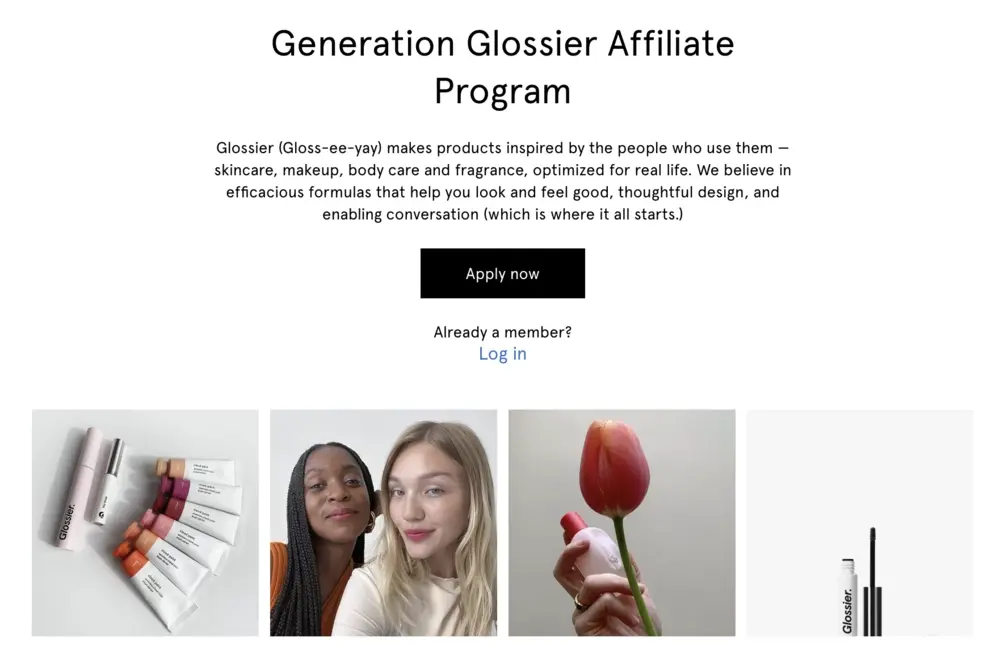 Screenshot of the Generation Glossier Affiliate Program page with product images and options to apply or log in.