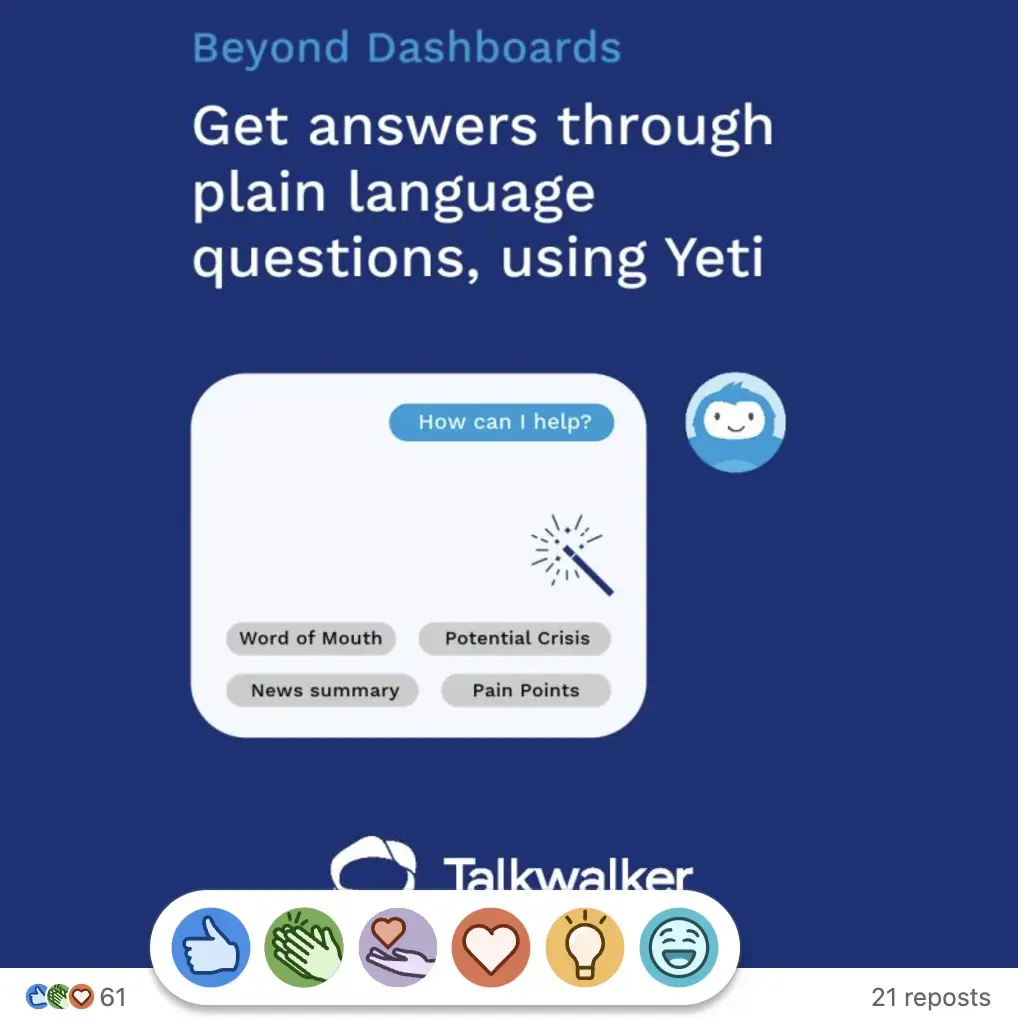 Small Talkwalker ad that says "Beyond Dashboards. Get answers through plain language questions, using Yeti."