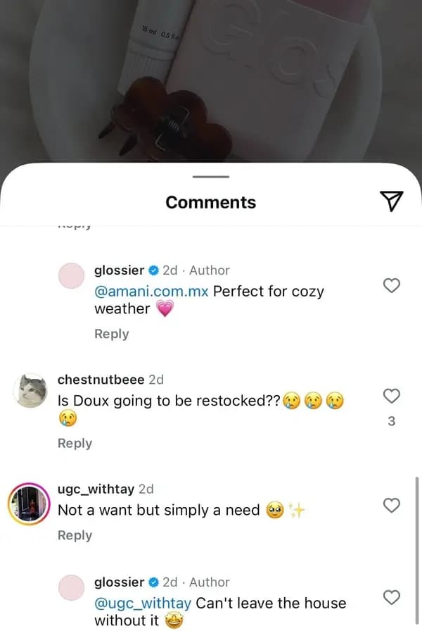 Screenshot of Instagram comments with user glossier responding to comments.