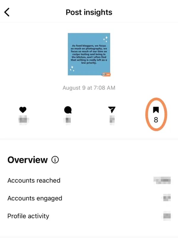 Instagram Insights showing that 8 people have bookmarked a given post.