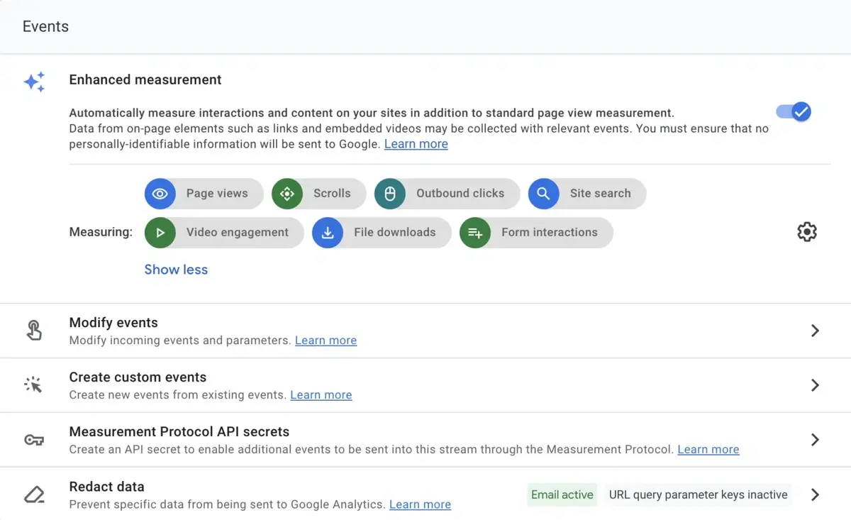 A how-to image on how to enable enhanced measurement for data like page views, outbound clicks, site search.