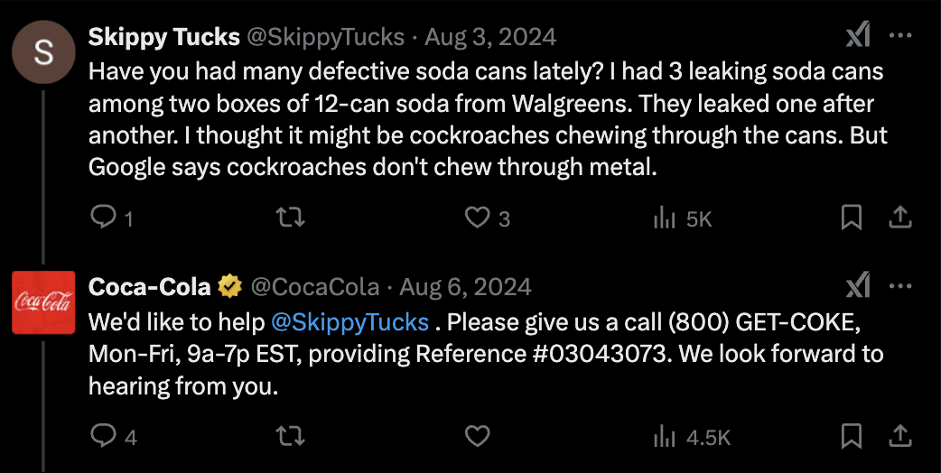 @SkippyTucks complains about leaky soda cans, @CocaCola invites them to give them a call to discuss.