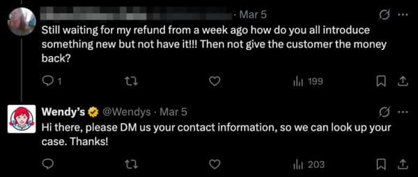 IG user complains about not getting a refund from Wendy