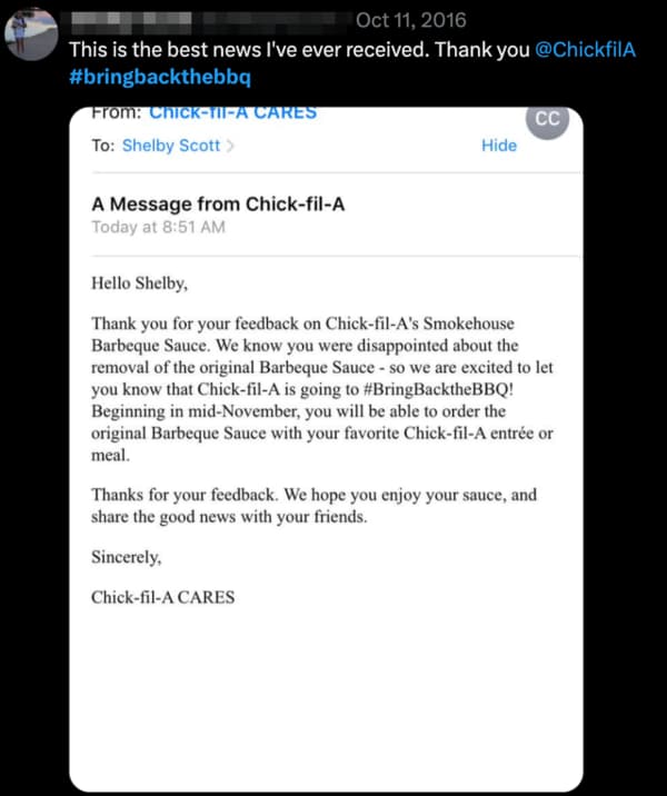 Screenshot of an email from Chick-fil-A to a customer informing them that their original BBQ sauce is coming back. Because Chic-fil-A CARES.