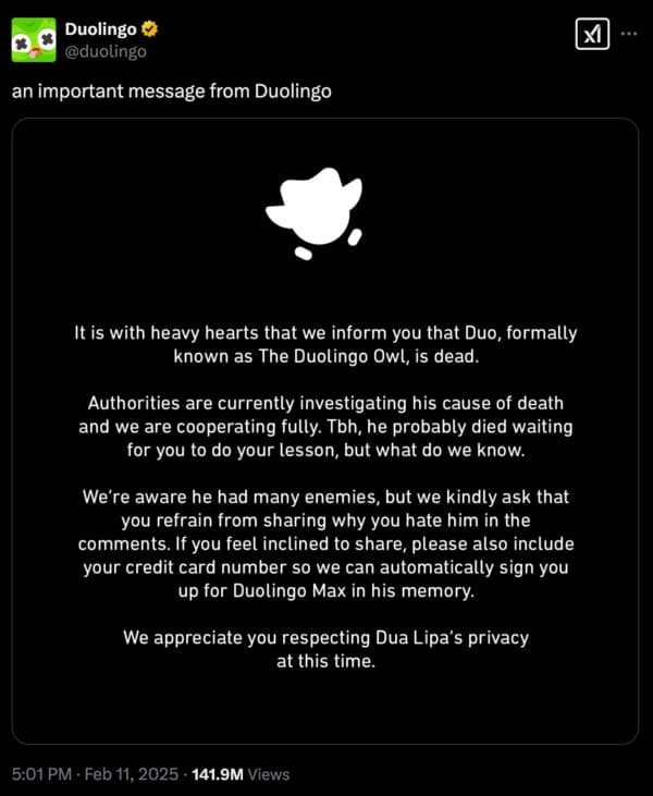 IG post from Duoloingo declaring that their mascot is dead.