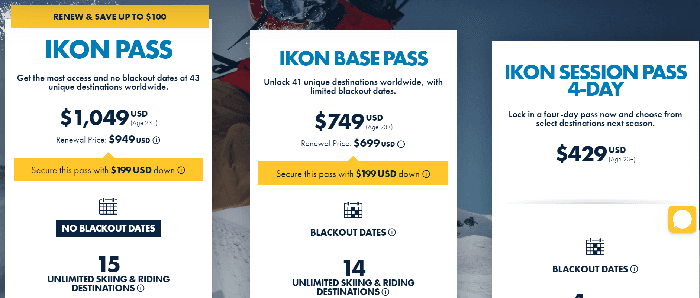 IKON Pass pricing menu