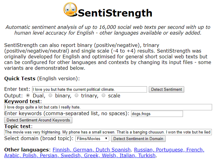 Sentiment analysis tools - SentiStrength - image is a screenshot of the tool