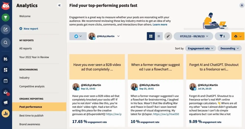 Hootsuite Analytics page listing three sample Twitter/X posts by their performance, listing their individual engagement rates in %.