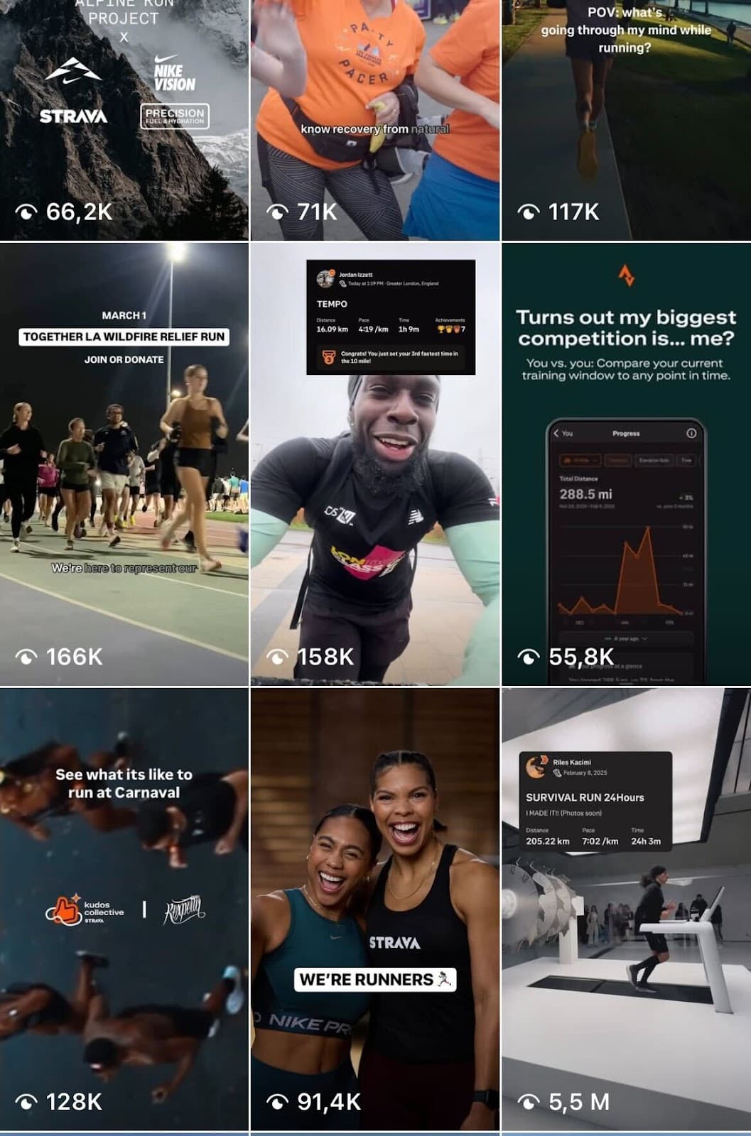 A grid of 9 Instagram story thumbnails for the Strava account.