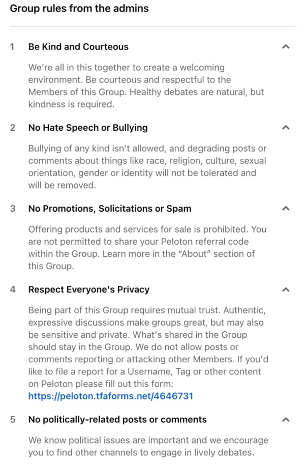 Sample "Group Rules" that expand on "Be kind and courteous, no hate speech/bullying, No promotions/spam, etc."