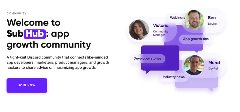 Banner image that says "Welcome to the SubHub: app growth community" with a "Join Now" button below.