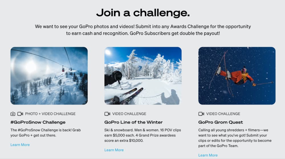 A promotion by GoPro inviting users to "Join a challenge" by submitting their pictures and videos to earn cash and recognition.