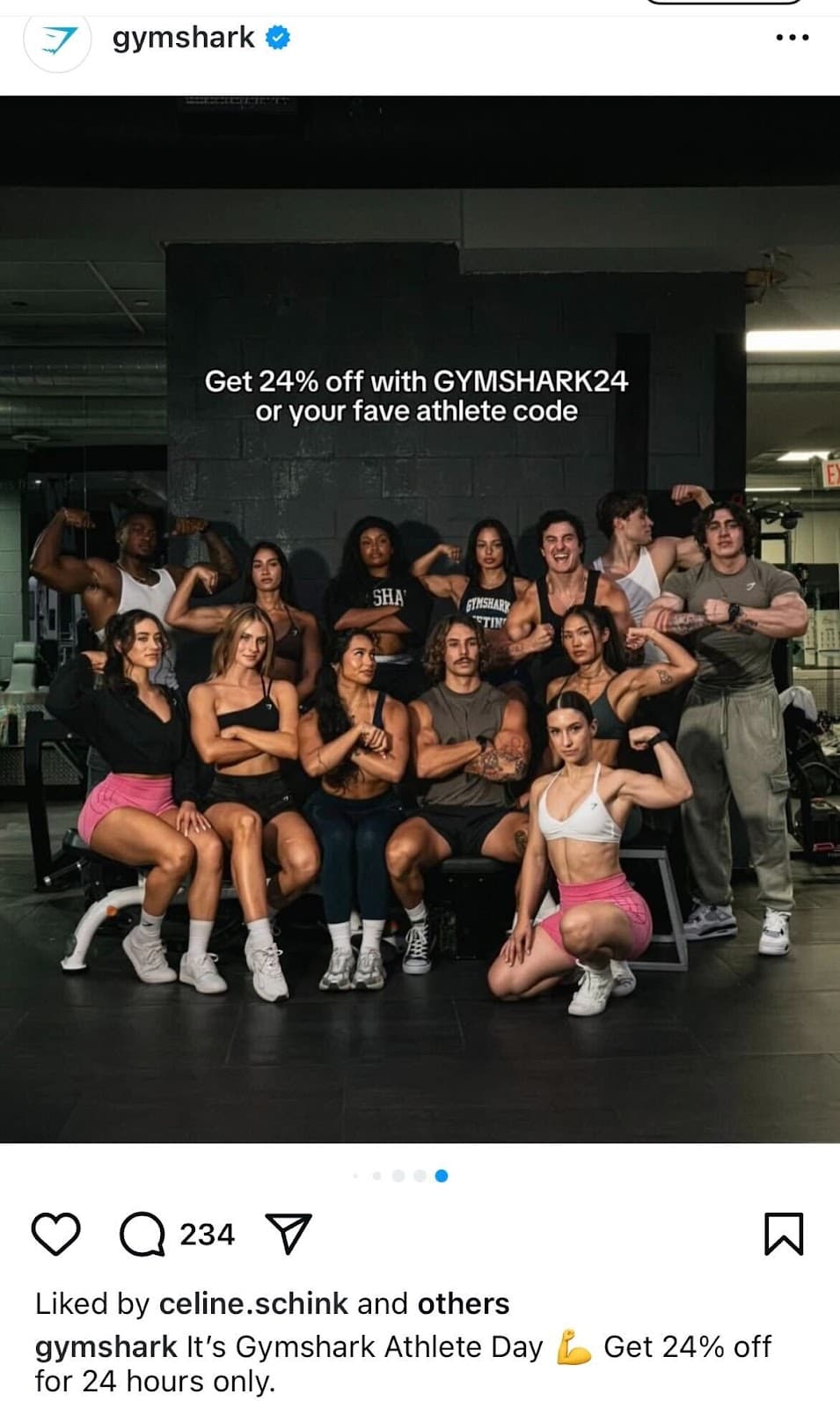 Gymshark ad/post on Instagram with a group of young gym-goers flexing. Caption "It
