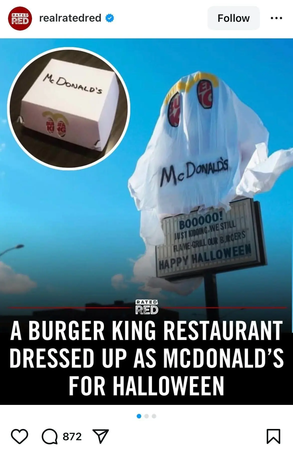 A picture of a large Burger King sign with a white sheet over it to look like a ghost, with "McDonald