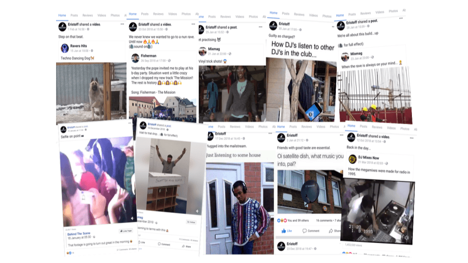 Collection of Facebook posts showing EDM memes from the Eristoff Vodka account