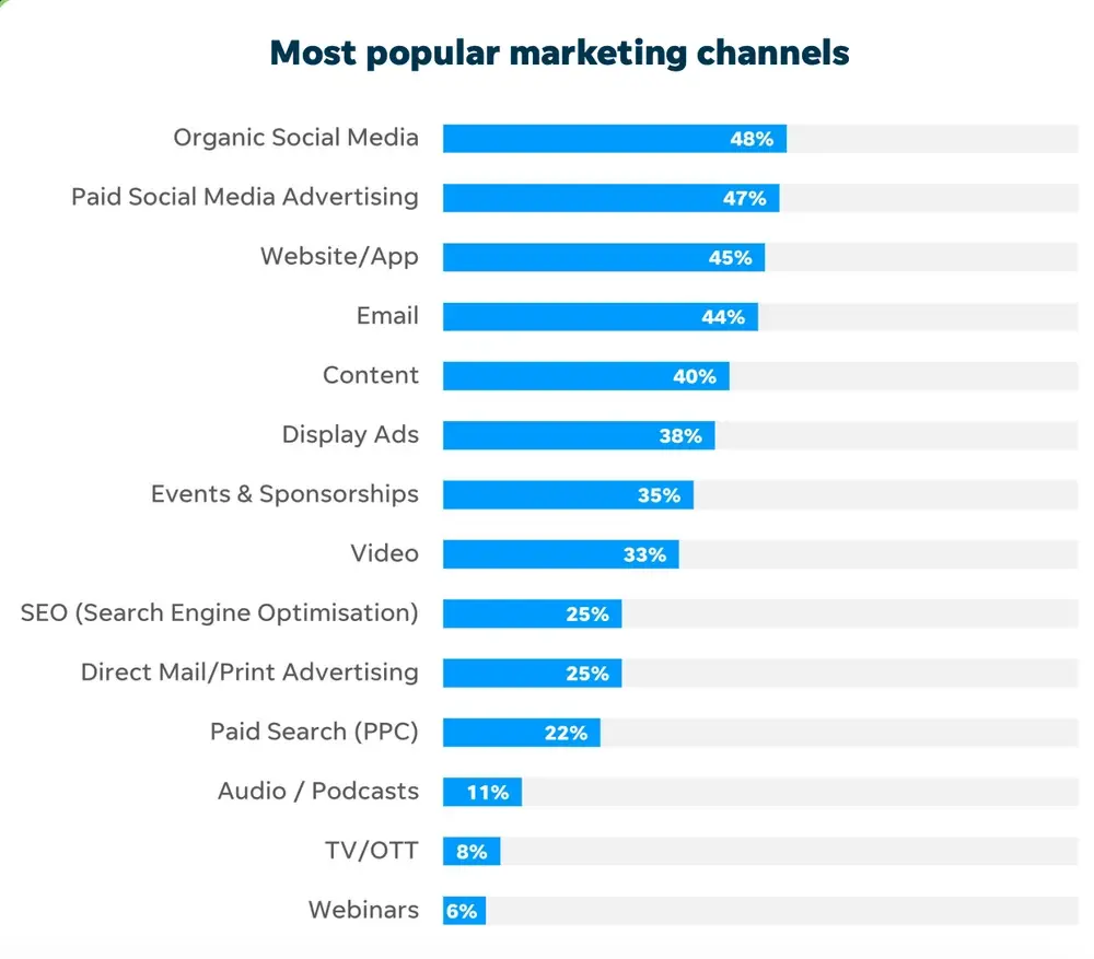 Bar chart showing organic social media as the most popular marketing channel at 48%, followed by paid social at 47%.