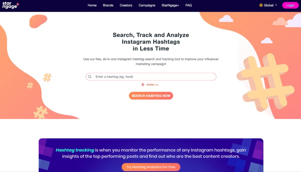 A website homepage for tracking and analyzing Instagram hashtags, featuring a search bar and a search button.