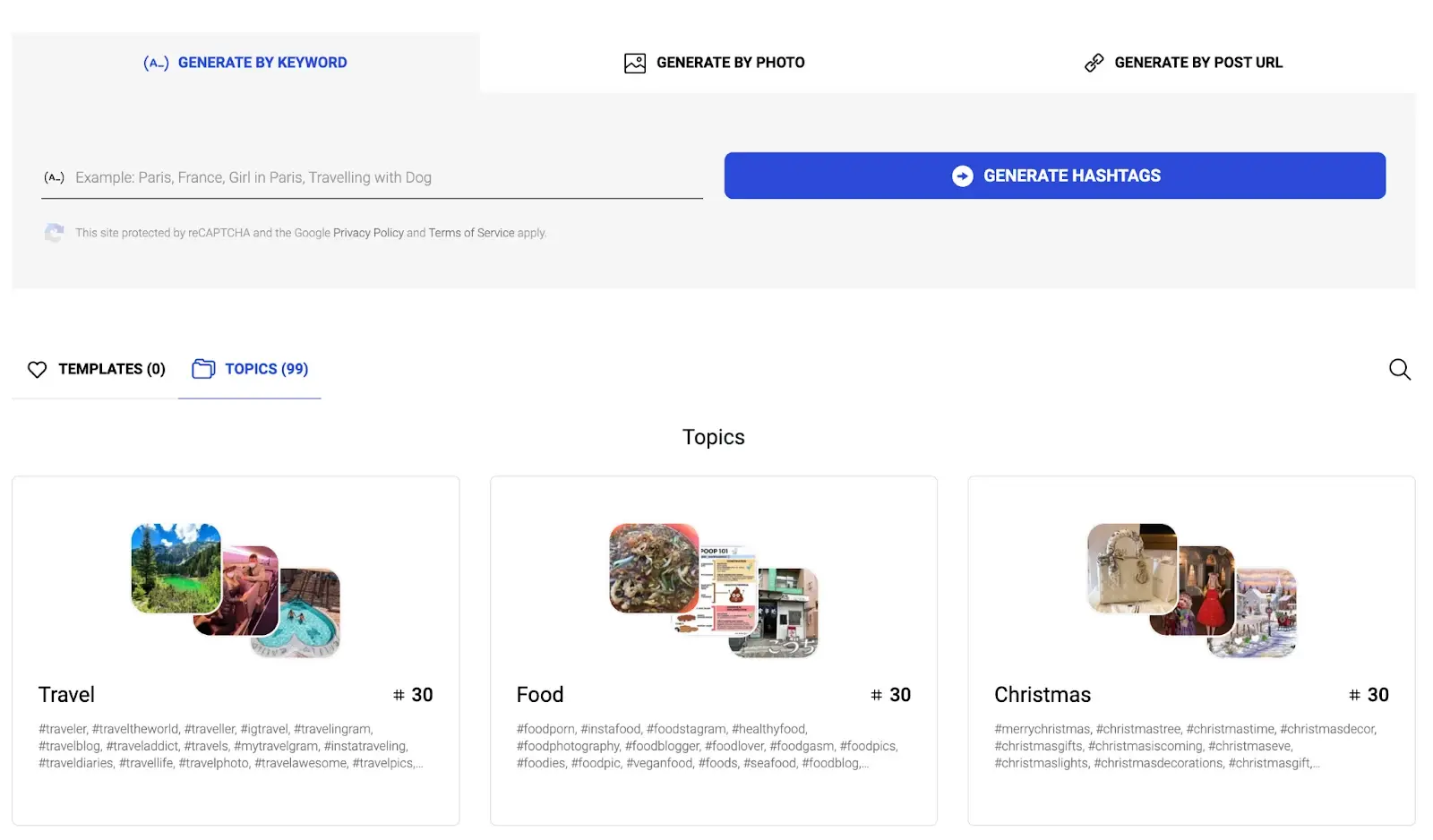 A hashtag generator interface with options to generate by keyword, photo, or URL, and topic cards for Travel, Food, and Christmas.