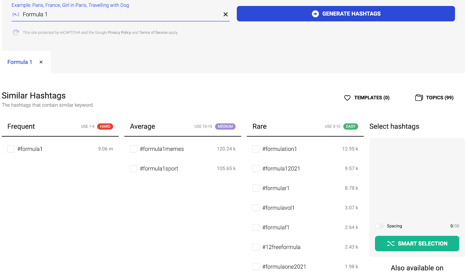 A hashtag generator tool displays suggested hashtags and their frequencies for the keyword Formula 1 on a computer screen.