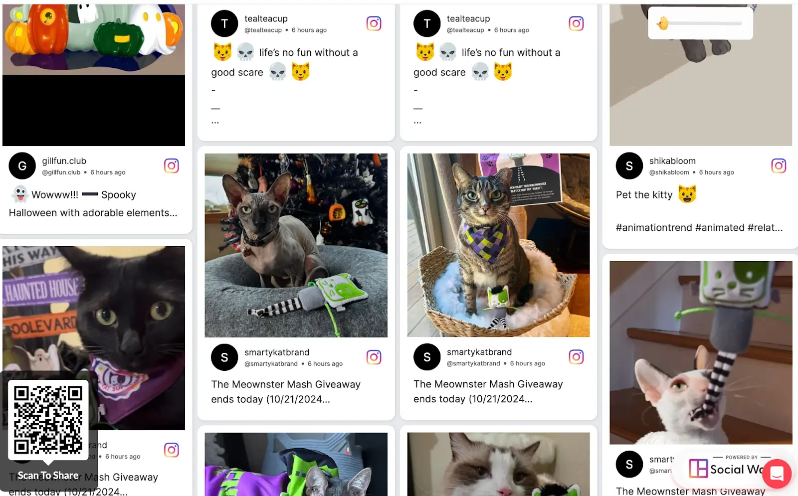 A collage of social media posts featuring cats interacting with Halloween-themed toys and decorations.