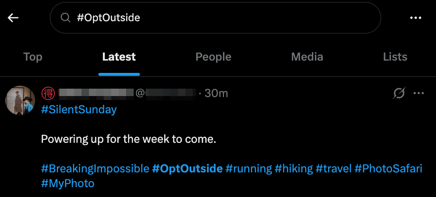 A tweet with hashtags about outdoor activities and a caption: Powering up for the week to come.