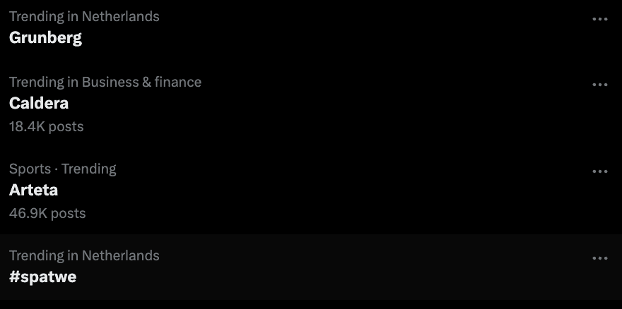 A list of trending topics in the Netherlands includes Grunberg, Caldera, Arteta, and #spatwe with post counts.