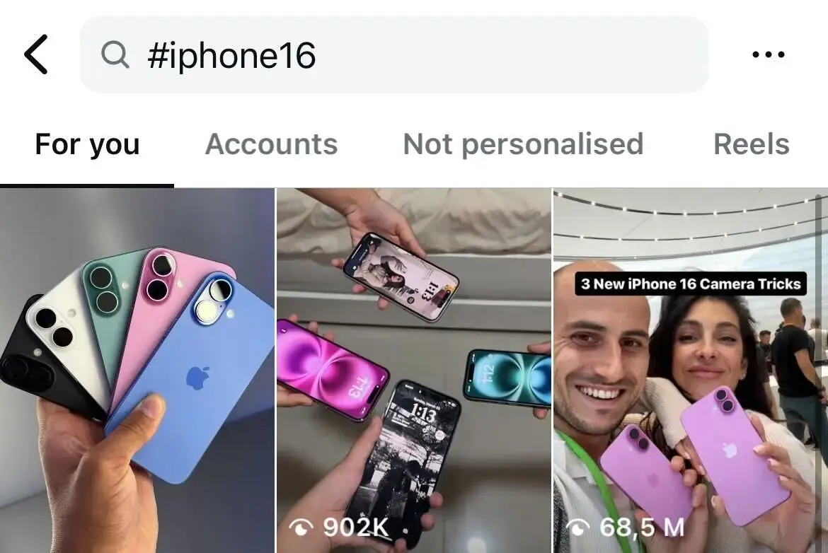Instagram search for #iphone16 showing images of people holding various iPhone 16 models in different colors.