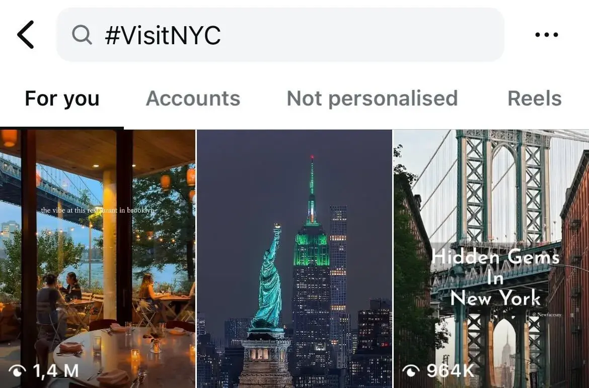 Instagram search for #VisitNYC shows three image thumbnails: a restaurant scene, the Statue of Liberty, and a city bridge.