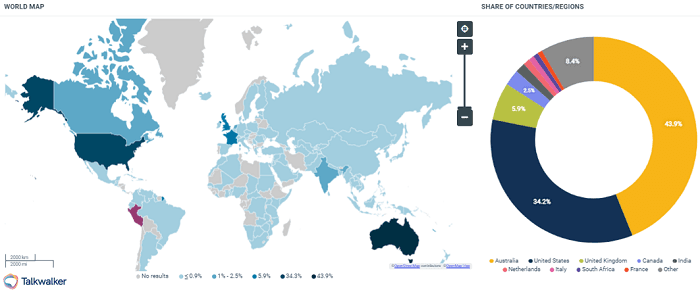 YouTubeの動画が最も再生された場所を示す世界地図