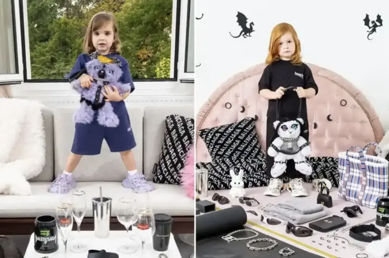Two children stand on furniture holding plush toys, surrounded by various accessories and items in stylishly decorated rooms.