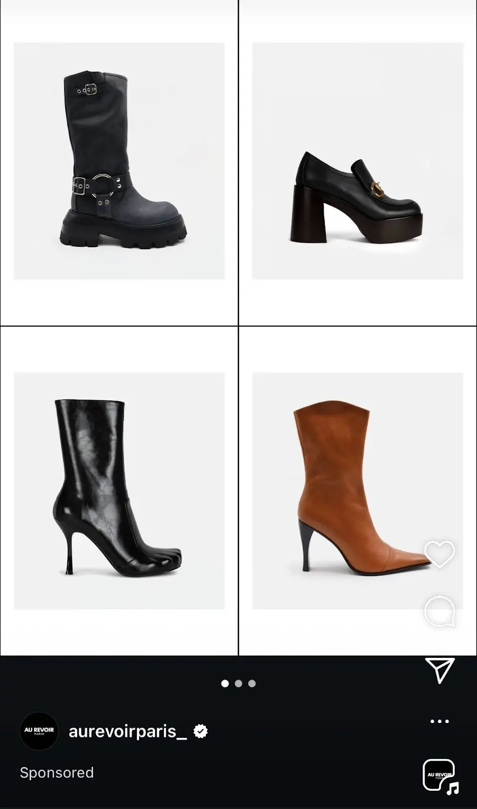 An ad showing 4 pairs of various boots on light grey background.