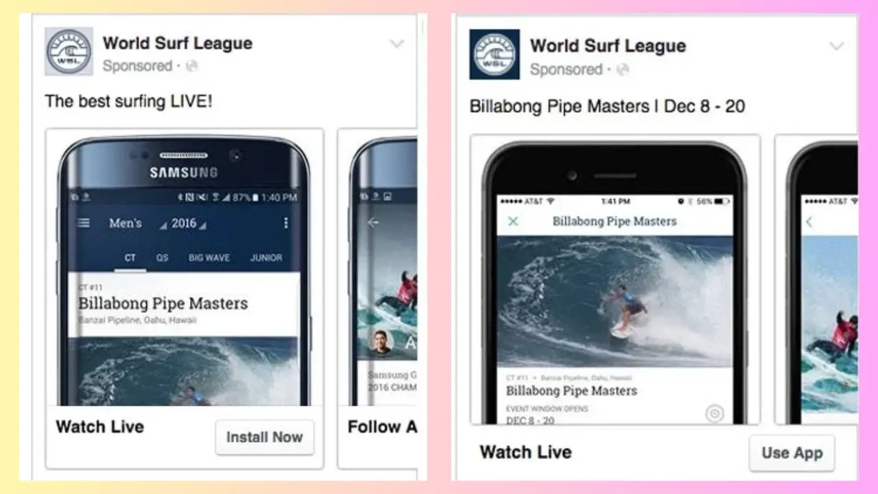Two screens display surfers riding waves on the beach, with a surfboard leaning against the sand in the foreground.