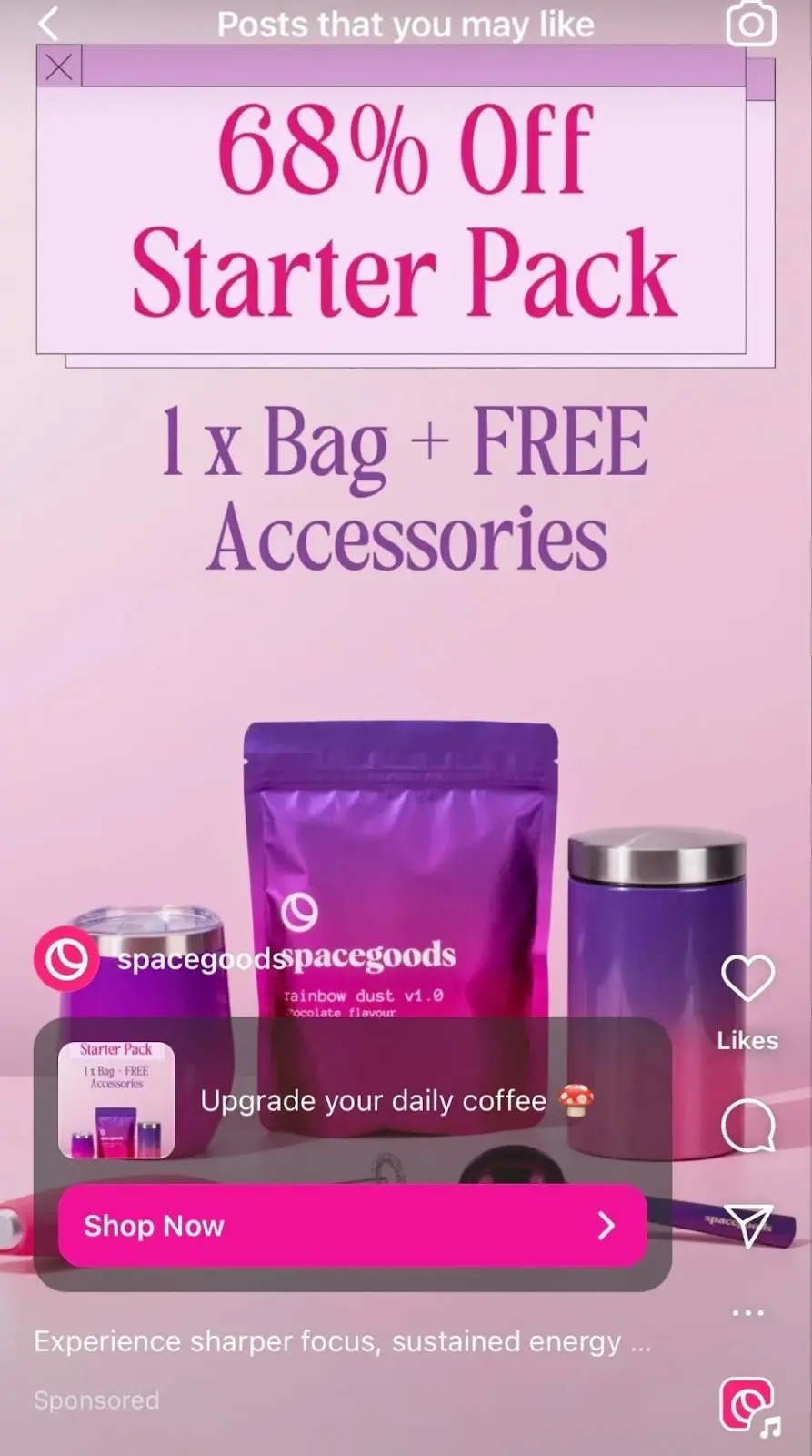 Instagram ad in pink/purple shades, with "68% off starter pack" text above various "spacegoods" products.