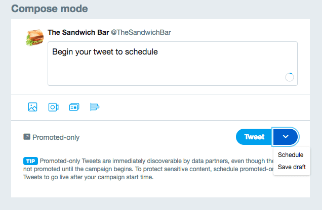 "Compose Mode" view for "The Sandwich Bar", with the prompt "Begin your tweet to schedule" in the text box.
