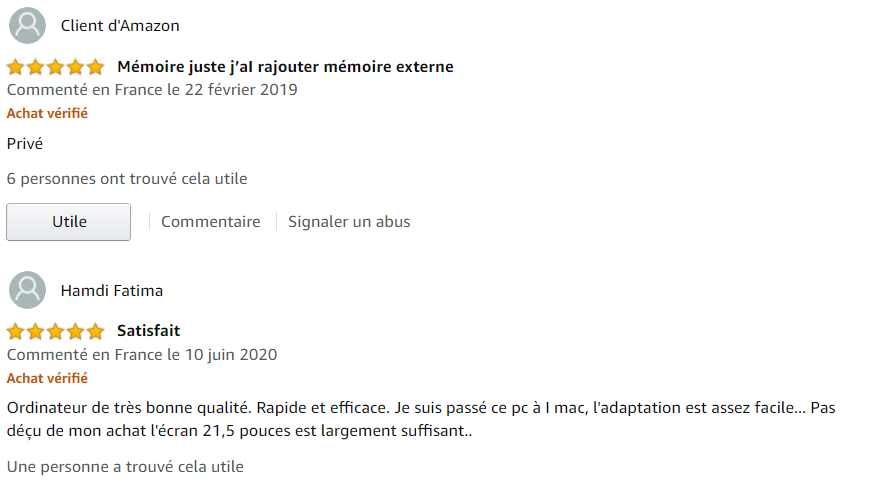 Revue clients sur Amazon