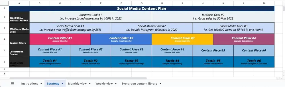 Spreadsheet example of mapping out your content topics and formats and matching them with optimal posting times