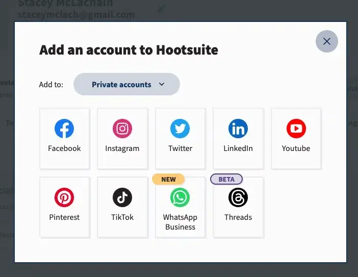 Adding social accounts to Hootsuite.